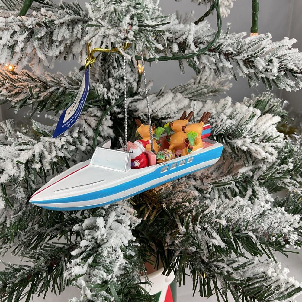 Christmas Ornament- Santa With Reindeer On S.S Party Boat. -Cape Shore